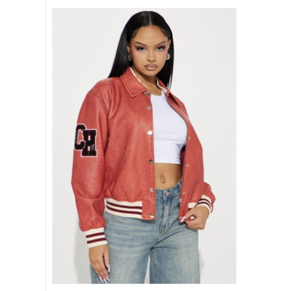 Fashion Nova Women's Cheer You On Varsity Bomber Jacket Red Plus 1x Curve [C03]